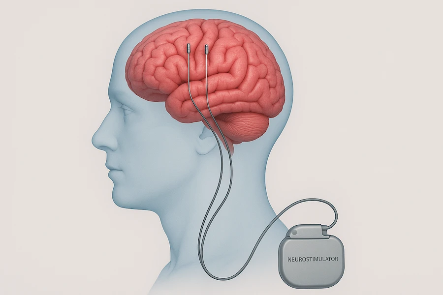 Ilustração em 3D mostrando a cirurgia DBS para Parkinson: eletrodos implantados no cérebro conectados a um neuroestimulador posicionado abaixo da clavícula, representando o funcionamento do sistema de estimulação cerebral profunda.