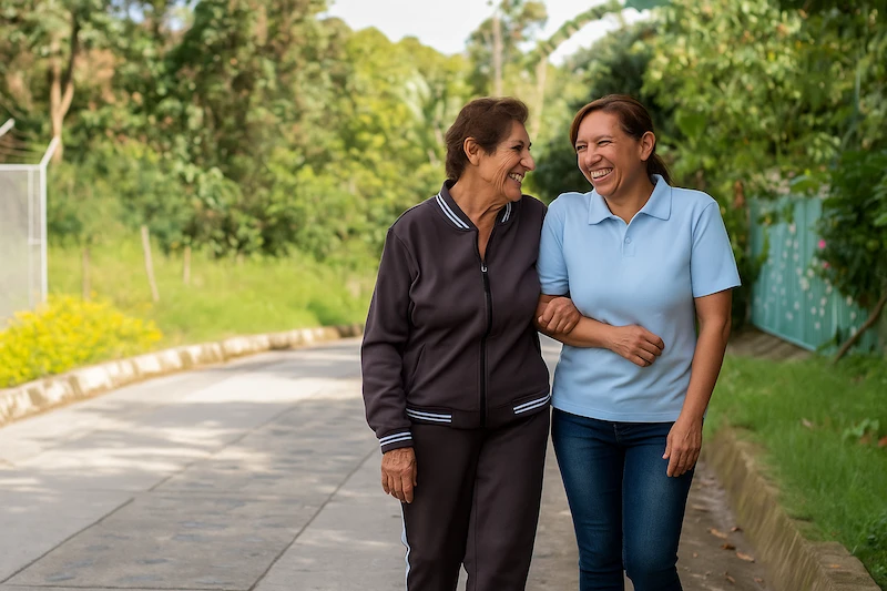 Idosas caminhando de mãos dadas em um parque, representando os benefícios da cirurgia DBS para Parkinson na melhora da mobilidade e bem-estar.