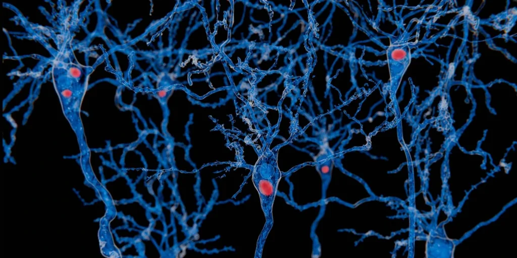 Representação microscópica de neurônios com inclusões proteicas anormais em vermelho, simbolizando o acúmulo de alfa-sinucleína na Demência com Corpos de Lewy.