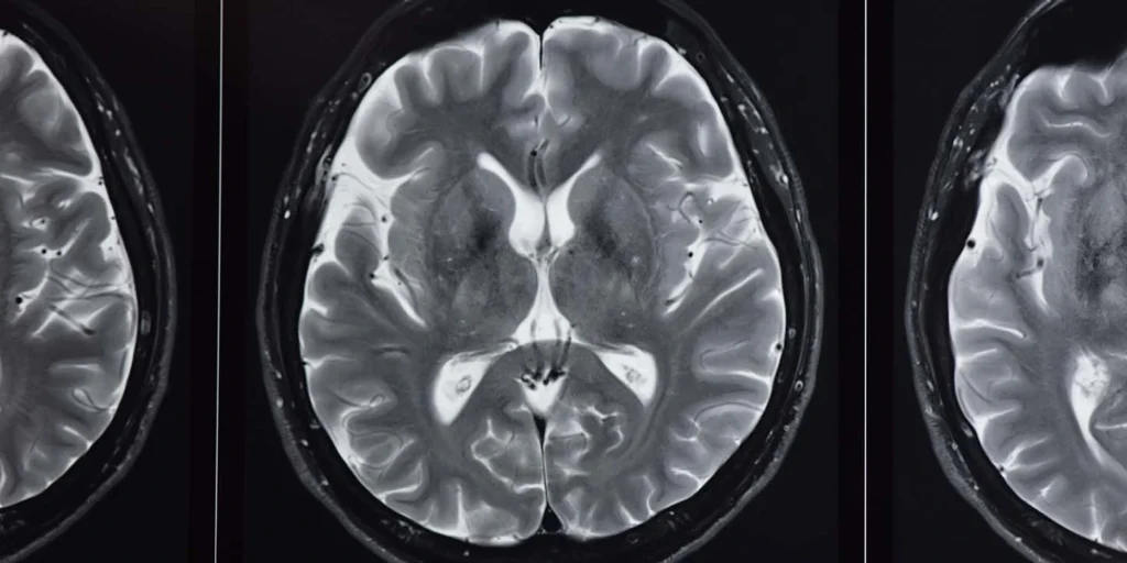 Ressonância magnética do cérebro mostrando estruturas frequentemente analisadas para sinais de Atrofia de Múltiplos Sistemas (MSA).