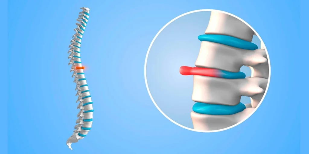 Um modelo anatômico da coluna vertebral com um círculo de aumento sobre um ponto vermelho, ilustrando uma extrusão discal lombar.