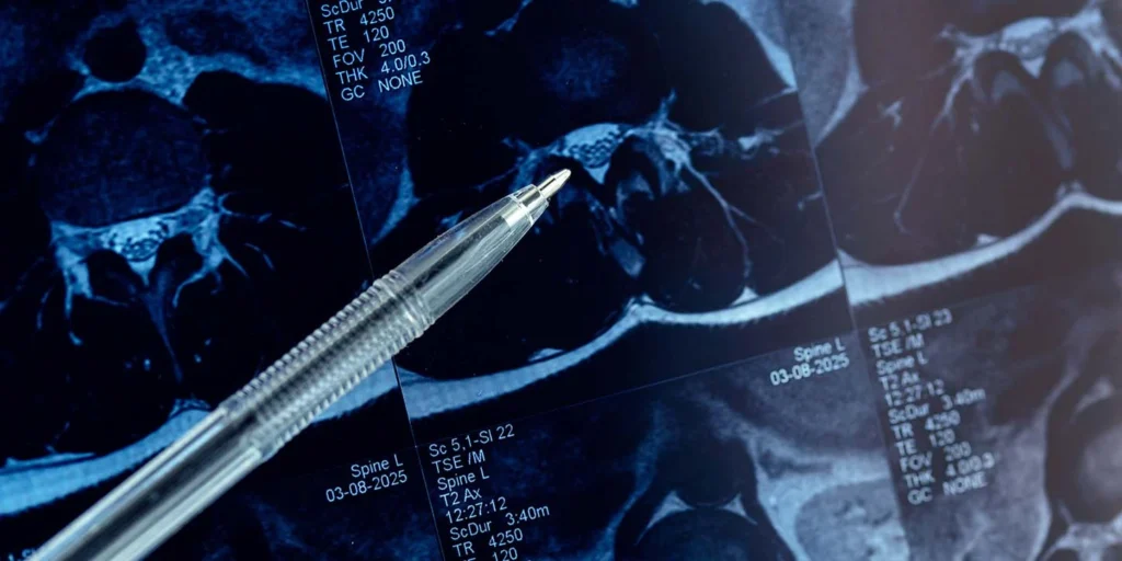 Uma caneta esferográfica transparente aponta para uma imagem axial de uma ressonância magnética lombar que mostra uma extrusão discal.